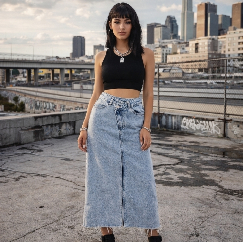 Edgy Denim Midi Skirt M Light Wash Raw Hem Modest Modern Cool-Girl Casual EUC